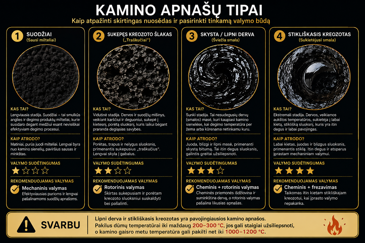 Kamino apnašų tipai: suodžiai, sukepęs kreozoto šlakas, lipni derva ir stikliškasis kreozotas