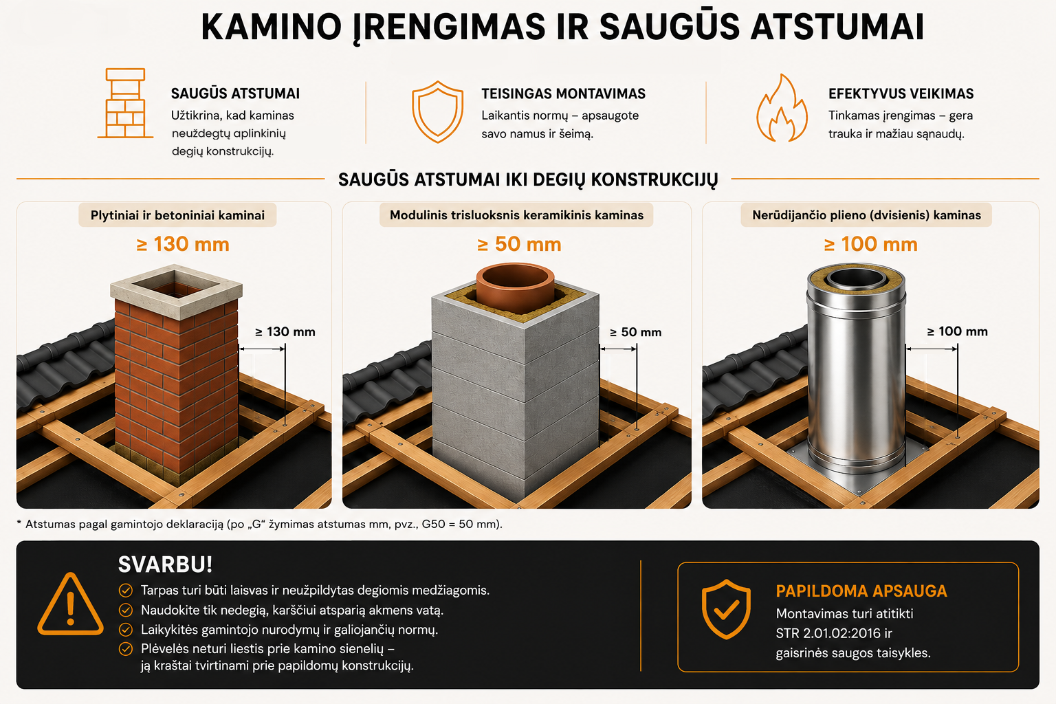 Kaminų mūrijimas ir saugūs atstumai iki degių konstrukcijų